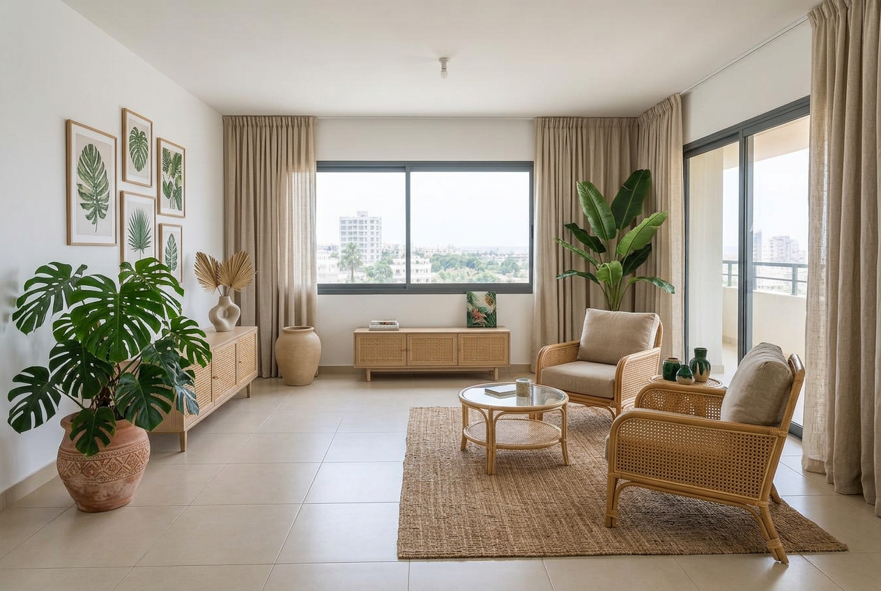 Salon tropical moderne pour location Airbnb